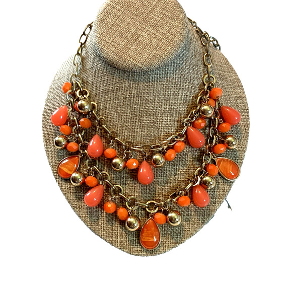 Vintage Orange Teardrop Necklace Beads Gold Tone Two Strand Festooned 80's Bib - Picture 1 of 6